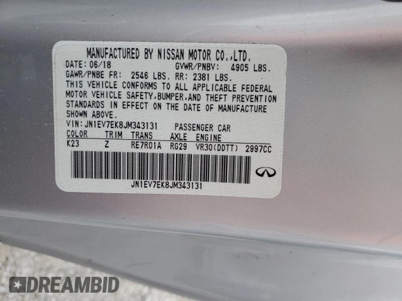 2018 Infiniti Q60 Sport with VIN JN1EV7EK8JM343131, listed as a Copart auction lot 74002454 with Not Provided miles and Salvage Title. Bid and sale history available at DreamBid. Image 13.