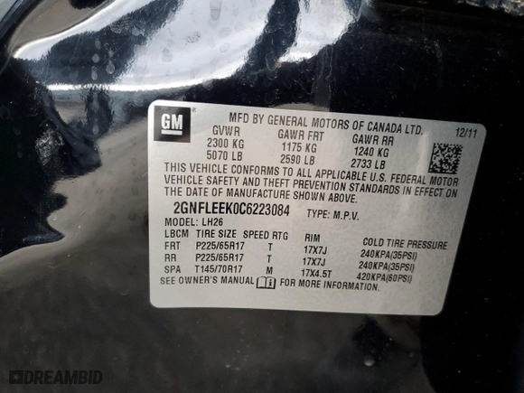 2012 Chevrolet Equinox LT w/1LT with VIN 2GNFLEEK0C6223084, listed as a Copart auction lot 86145264 with 174,165 mi miles and Salvage Title. Bid and sale history available at carsss.com. Image 15.