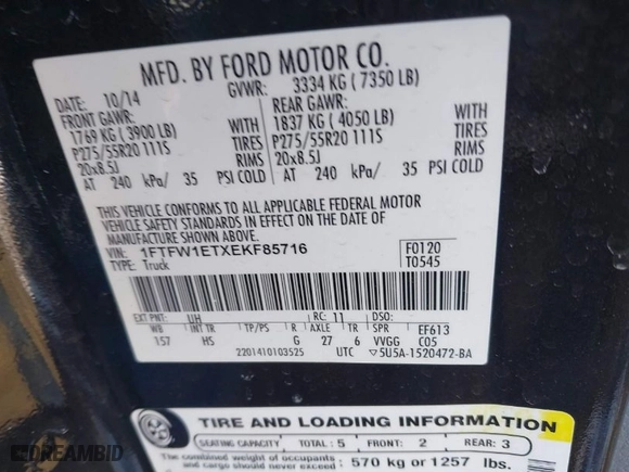 2014 Ford F-150 XL with VIN 1FTFW1ETXEKF85716, listed as a IAAI auction lot 41467628 with 139,445 mi miles. Bid and sale history available at carsss.com. Image 9.