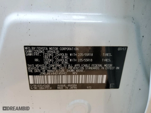 2017 Toyota RAV4 Hybrid Limited with VIN JTMDJREV4HD145943, listed as a Copart auction lot 67702584 with 0 mi miles and Non Repairable. Bid and sale history available at carsss.com. Image 14.