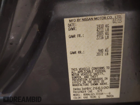 2015 Nissan Altima 2.5 S with VIN 1N4AL3AP8FC266100, listed as a IAAI auction lot 41535510 with 111,566 mi miles. Bid and sale history available at carsss.com. Image 9.