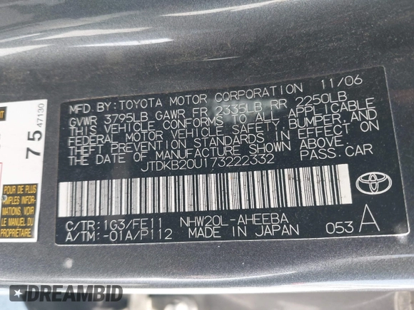 2007 Toyota Prius z VIN JTDKB20U173222332, wystawiony jako IAAI lot #42326043 z przebiegiem Nie podano mil oraz . Historia ofert i sprzedaży dostępna na DreamBid. Obrazek 9.
