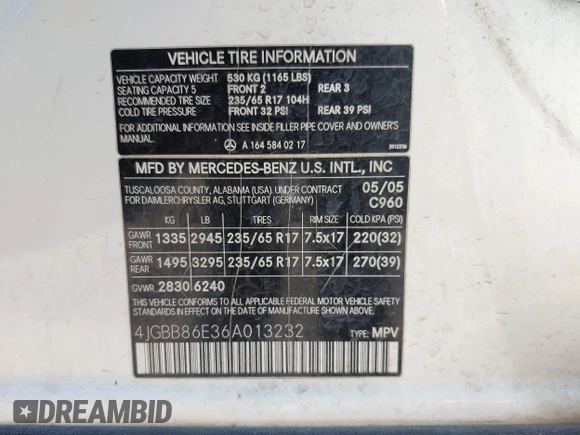 2006 Mercedes-Benz M 350 with VIN 4JGBB86E36A013232, listed as a IAAI auction lot 41964199 with 210,379 mi miles and . Bid and sale history available at DreamBid. Image 9.