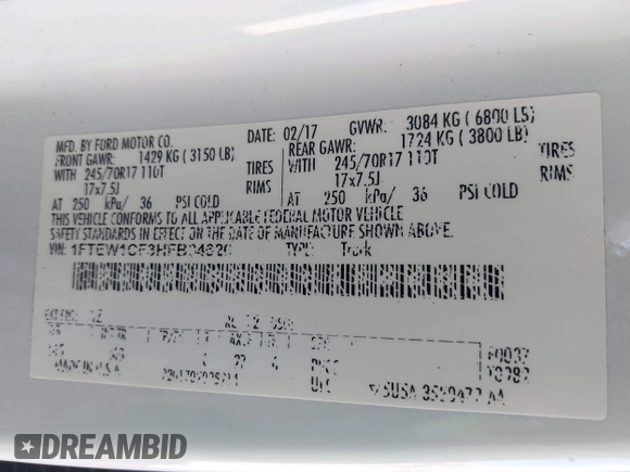 2017 Ford F-150 XL with VIN 1FTEW1CF3HFB34620, listed as a IAAI auction lot 41283983 with 138,489 mi miles and . Bid and sale history available at DreamBid. Image 9.