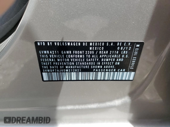 2013 Volkswagen Jetta SE z VIN 3VWDP7AJ6DM212821, wystawiony jako Copart lot #63791895 z przebiegiem 95 119 mil mil oraz Szkoda całkowita • Salvage title. Historia ofert i sprzedaży dostępna na DreamBid. Obrazek 12.