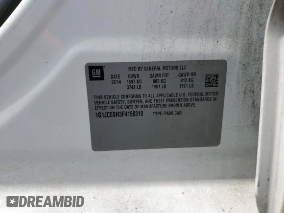 2015 Chevrolet Sonic LT with VIN 1G1JC5SH3F4150318, listed as a Copart auction lot 53275075 with 117,402 mi miles and Salvage Title. Bid and sale history available at DreamBid. Image 12.