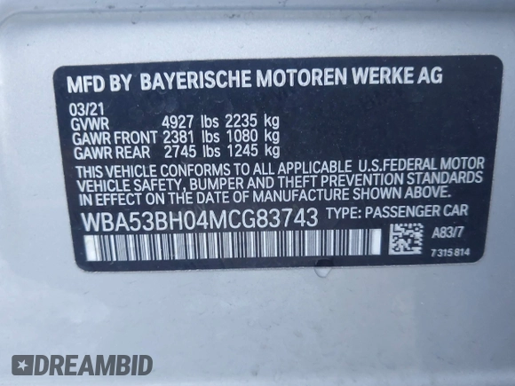 2021 BMW 5 Series 530i with VIN WBA53BH04MCG83743, listed as a IAAI auction lot 41719318 with 82,975 mi miles and . Bid and sale history available at DreamBid. Image 9.