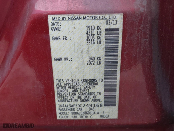 2013 Nissan Altima 2.5 S with VIN 1N4AL3AP5DC249168, listed as a IAAI auction lot 41442991 with 144,013 mi miles. Bid and sale history available at carsss.com. Image 9.