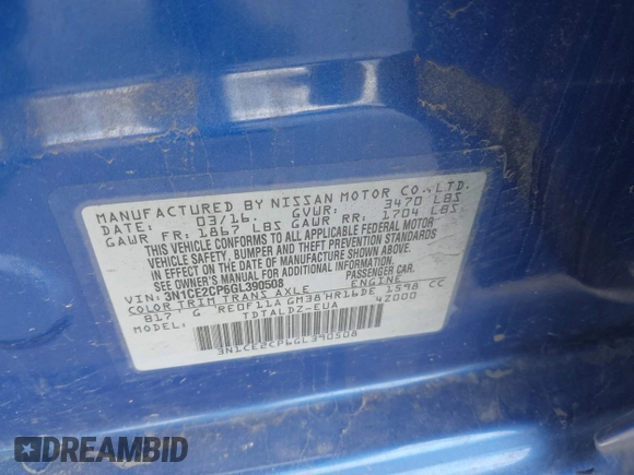 2016 Nissan Note S with VIN 3N1CE2CP6GL390508, listed as a IAAI auction lot 42543381 with 106,954 mi miles and . Bid and sale history available at DreamBid. Image 9.