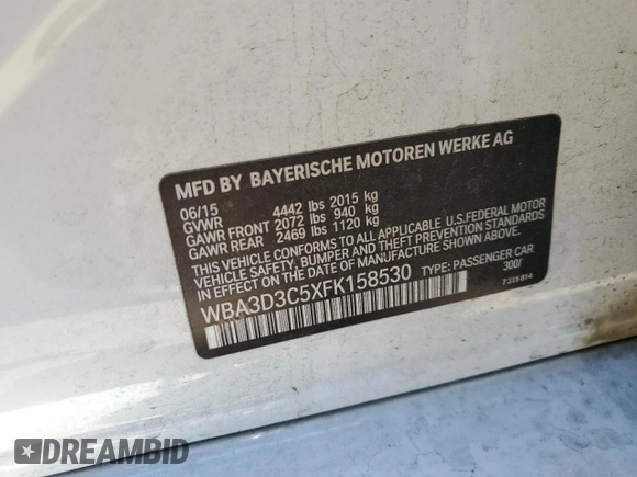 2015 BMW 3 Series 328d with VIN WBA3D3C5XFK158530, listed as a Copart auction lot 60341705 with 82,950 mi miles and Salvage title. Bid and sale history available at DreamBid. Image 13.
