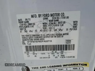 2013 Ford F-150 XL with VIN 1FTFW1EF8DFA22715, listed as a Copart auction lot 57919985 with 243,124 mi miles and Salvage title. Bid and sale history available at DreamBid. Image 12.