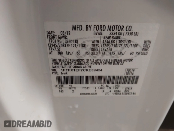 2012 Ford F-150 XL with VIN 1FTFX1EF7CKE39424, listed as a IAAI auction lot 42207189 with 179,434 mi miles and . Bid and sale history available at DreamBid. Image 9.