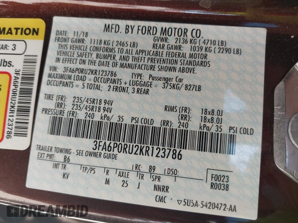 2019 Ford Fusion Hybrid Titanium with VIN 3FA6P0RU2KR123786, listed as a IAAI auction lot 41857026 with 49,604 mi miles. Bid and sale history available at carsss.com. Image 9.