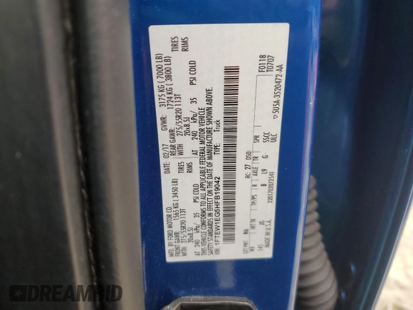 2017 Ford F-150 XL с VIN 1FTEW1EG5HFB19042, выставлен на аукционе Copart как лот 58420255 с пробегом 106 691 миль миль и Списание • Salvage title. История ставок и продаж доступна на DreamBid. Изображение 12.