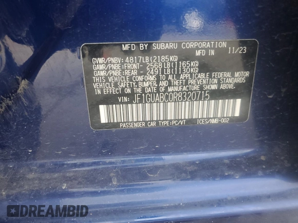 2024 Subaru Impreza with VIN JF1GUABC0R8320715, listed as a Copart auction lot 42756825 with 15,193 mi miles and Salvage Title. Bid and sale history available at carsss.com. Image 13.