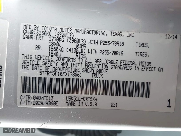 2015 Toyota Tundra 2WD Truck SR5 with VIN 5TFRY5F10FX178861, listed as a IAAI auction lot 41566300 with NaN miles. Bid and sale history available at carsss.com. Image 9.