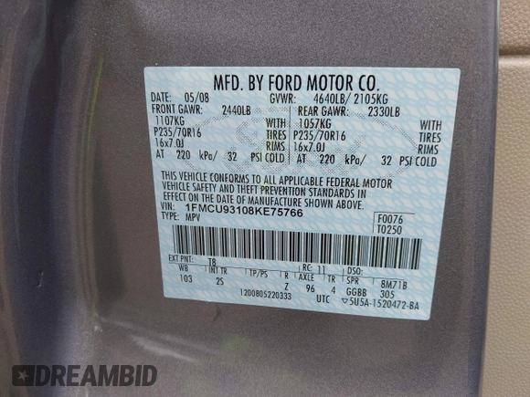 2008 Ford Escape XLT with VIN 1FMCU93108KE75766, listed as a IAAI auction lot 42595254 with 165,436 mi miles and . Bid and sale history available at DreamBid. Image 9.