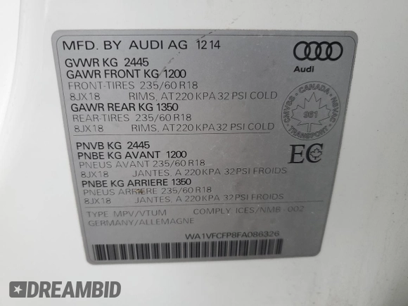 2015 Audi Q5 Premium Plus с VIN WA1VFCFP8FA086326, выставлен на аукционе Copart как лот 82261654 с пробегом 235 148 миль миль и Списание • Salvage title. История ставок и продаж доступна на DreamBid. Изображение 13.