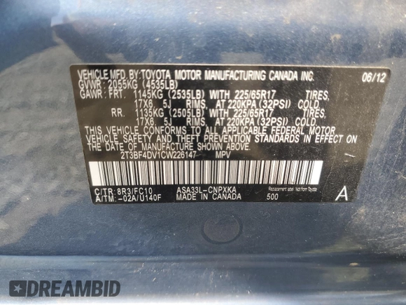 2012 Toyota RAV4 with VIN 2T3BF4DV1CW226147, listed as a Copart auction lot 53638185 with 119,426 mi miles and Salvage Title. Bid and sale history available at carsss.com. Image 13.