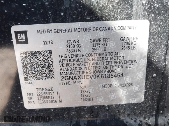 2019 Chevrolet Equinox LT with VIN 2GNAXUEV0K6185454, listed as a IAAI auction lot 41565550 with 108,573 mi miles. Bid and sale history available at carsss.com. Image 9.