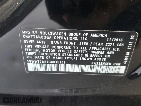 2016 Volkswagen Passat S with VIN 1VWAT7A37GC015162, listed as a Copart auction lot 62492515 with 137,641 mi miles and Salvage title. Bid and sale history available at DreamBid. Image 13.