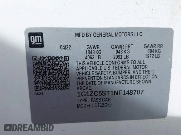 2022 Chevrolet Malibu LS with VIN 1G1ZC5ST1NF148707, listed as a IAAI auction lot 41606163 with 62,261 mi miles and . Bid and sale history available at DreamBid. Image 9.