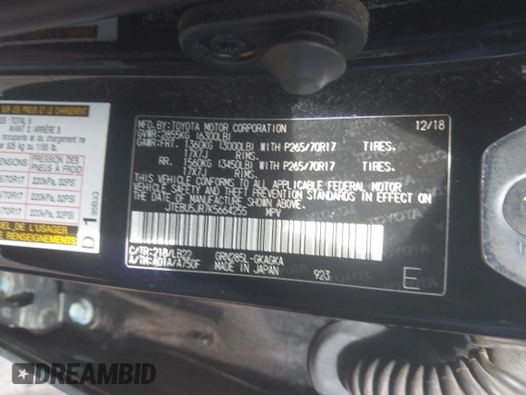 2019 Toyota 4Runner SR5 с VIN JTEBU5JR7K5664255, выставлен на аукционе IAAI как лот 41842222 с пробегом 77 178 миль миль и . История ставок и продаж доступна на DreamBid. Изображение 9.