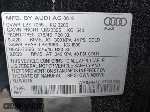 2015 Audi Q7 Premium Plus with VIN WA1LMAFE9FD031088, listed as a IAAI auction lot 42004406 with 208,707 mi miles and . Bid and sale history available at DreamBid. Image 9.
