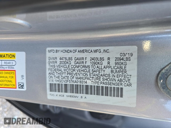 2019 Honda Accord EX-L with VIN 1HGCV2F57KA018314, listed as a Copart auction lot 63866865 with 76,598 mi miles and Clean title. Bid and sale history available at DreamBid. Image 10.