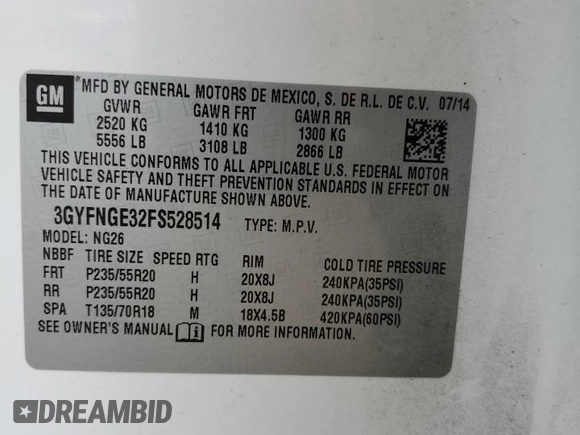2015 Cadillac SRX Premium Collection with VIN 3GYFNGE32FS528514, listed as a Copart auction lot 61222534 with 104,433 mi miles and Salvage Title. Bid and sale history available at carsss.com. Image 12.