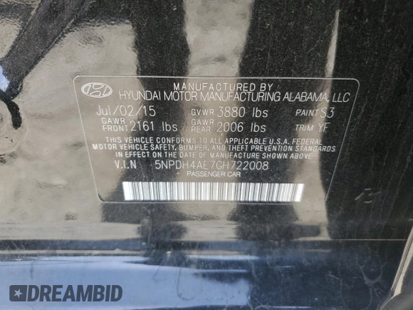 2016 Hyundai Elantra SE with VIN 5NPDH4AE7GH722008, listed as a Copart auction lot 53365985 with 67,181 mi miles and Salvage Title. Bid and sale history available at DreamBid. Image 12.
