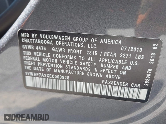 2014 Volkswagen Passat S with VIN 1VWAP7A3XEC003928, listed as a IAAI auction lot 42483100 with 132,117 mi miles and . Bid and sale history available at DreamBid. Image 9.
