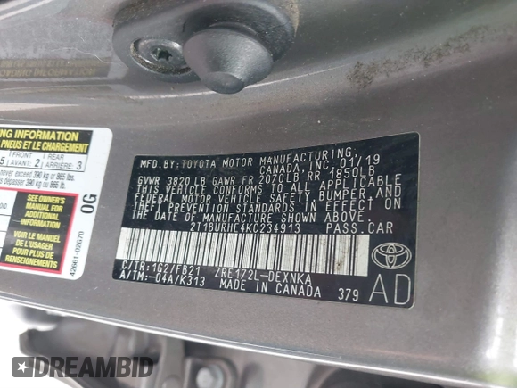 2019 Toyota Corolla L with VIN 2T1BURHE4KC234913, listed as a IAAI auction lot 41175281 with 107,235 mi miles and . Bid and sale history available at carsss.com. Image 9.