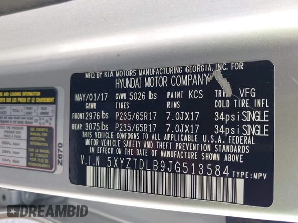 2018 Hyundai Santa Fe 2.4L z VIN 5XYZTDLB9JG513584, wystawiony jako IAAI lot #42031291 z przebiegiem 131 109 mil mil oraz . Historia ofert i sprzedaży dostępna na DreamBid. Obrazek 9.
