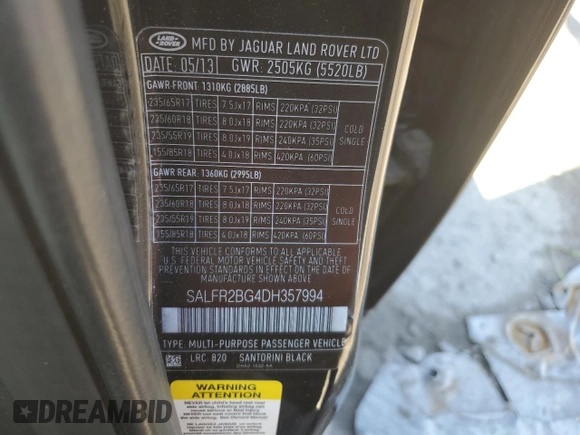 2013 Land Rover LR2 z VIN SALFR2BG4DH357994, wystawiony jako Copart lot #46604185 z przebiegiem 168 903 mil mil oraz Szkoda całkowita • Salvage title. Historia ofert i sprzedaży dostępna na DreamBid. Obrazek 13.