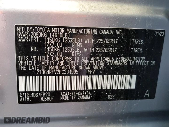2023 Toyota RAV4 LE with VIN 2T3G1RFV2PC331995, listed as a Copart auction lot 64230665 with 22,595 mi miles and Salvage title. Bid and sale history available at DreamBid. Image 13.