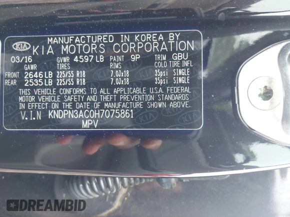 2017 Kia Sportage EX with VIN KNDPN3AC0H7075861, listed as a IAAI auction lot 42343034 with 35,316 mi miles and . Bid and sale history available at DreamBid. Image 9.