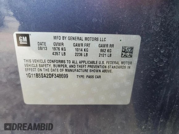 2013 Chevrolet Malibu LS with VIN 1G11B5SA2DF348699, listed as a Copart auction lot 55986895 with 196,900 mi miles and Salvage Title. Bid and sale history available at DreamBid. Image 12.