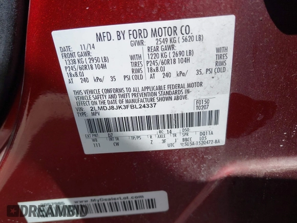 2015 Lincoln MKX with VIN 2LMDJ8JK3FBL24337, listed as a IAAI auction lot 41913926 with 142,619 mi miles. Bid and sale history available at carsss.com. Image 9.