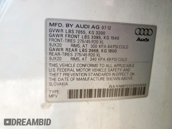 2013 Audi Q7 Prestige with VIN WA1VMBFE5DD003039, listed as a Copart auction lot 58448535 with 159,677 mi miles and Clean title. Bid and sale history available at DreamBid. Image 13.
