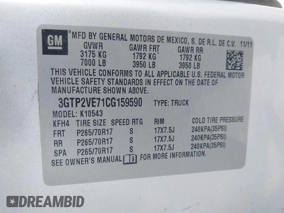 2012 GMC Sierra 1500 SLE z VIN 3GTP2VE71CG159590, wystawiony jako IAAI lot #42291489 z przebiegiem 167 528 mil mil oraz . Historia ofert i sprzedaży dostępna na DreamBid. Obrazek 9.