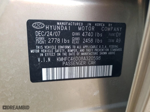 2008 Hyundai Azera GLS with VIN KMHFC46D08A320598, listed as a Copart auction lot 68773244 with 35,997 mi miles and Salvage Title. Bid and sale history available at carsss.com. Image 12.