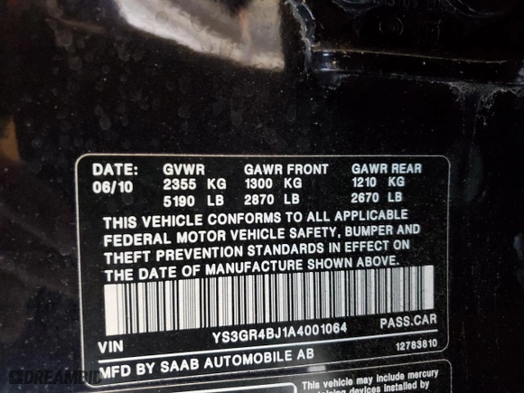 2010 Saab 9-5 Aero with VIN YS3GR4BJ1A4001064, listed as a Copart auction lot 84687424 with 121,169 mi miles and Salvage Title. Bid and sale history available at carsss.com. Image 13.