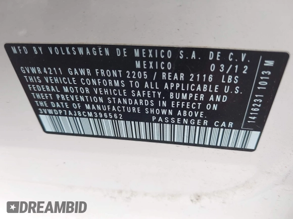 2012 Volkswagen Jetta SE with VIN 3VWDP7AJ8CM396562, listed as a IAAI auction lot 42523926 with Not provided miles and . Bid and sale history available at DreamBid. Image 9.