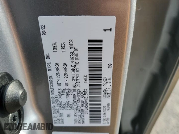 2022 Toyota Tundra 2WD SR5 with VIN 5TFLA5AB8NX015593, listed as a Copart auction lot 45857105 with 49,660 mi miles and Salvage Title. Bid and sale history available at carsss.com. Image 12.