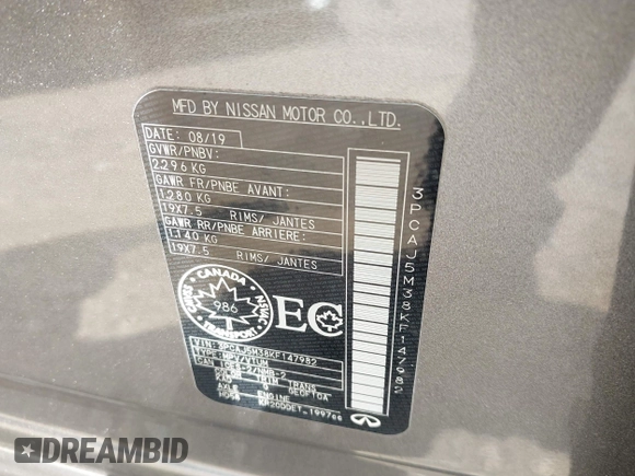 2019 Infiniti QX50 Luxe with VIN 3PCAJ5M38KF147982, listed as a IAAI auction lot 42498654 with 57,210 mi miles and . Bid and sale history available at DreamBid. Image 9.