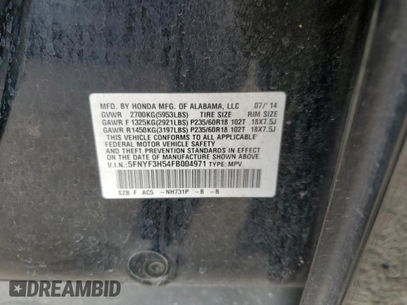 2015 Honda Pilot EX-L z VIN 5FNYF3H54FB004971, wystawiony jako Copart lot #48058465 z przebiegiem 154 637 mil mil oraz Szkoda całkowita • Salvage title. Historia ofert i sprzedaży dostępna na DreamBid. Obrazek 13.