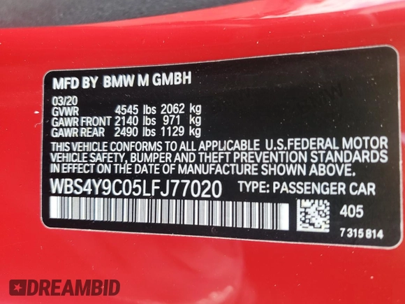 2020 BMW M4 z VIN WBS4Y9C05LFJ77020, wystawiony jako Copart lot #56002775 z przebiegiem 31 953 mil mil oraz Szkoda całkowita • Salvage title. Historia ofert i sprzedaży dostępna na DreamBid. Obrazek 12.