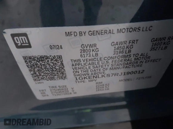 2024 GMC Acadia FWD Denali z VIN 1GKENLKS7RJ190012, wystawiony jako IAAI lot #41907629 z przebiegiem 9 918 mil mil oraz . Historia ofert i sprzedaży dostępna na DreamBid. Obrazek 9.