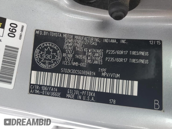 2016 Toyota Sienna L with VIN 5TDZK3DC5GS694814, listed as a Copart auction lot 44316025 with 149,886 mi miles and Salvage title. Bid and sale history available at DreamBid. Image 14.